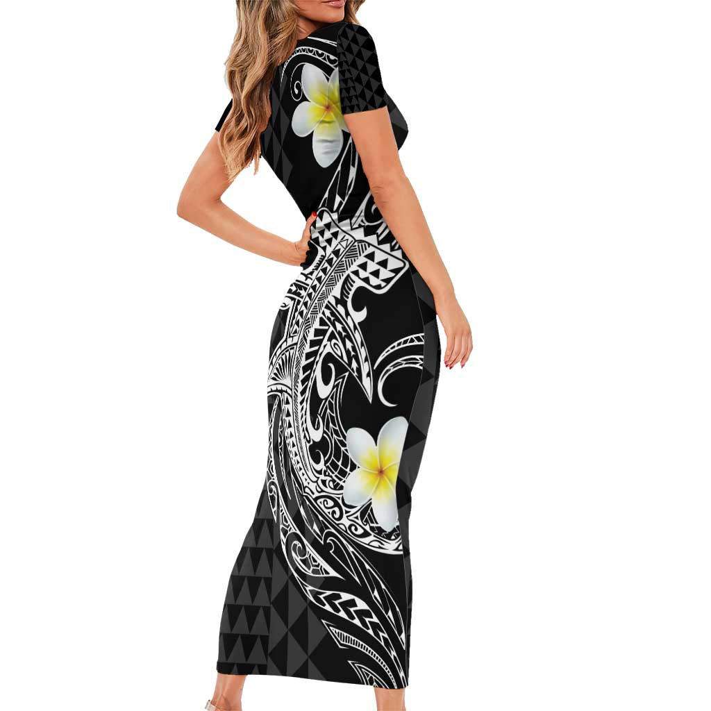 Aloha Hammerhead Shark Family Matching Short Sleeve Bodycon Dress and Hawaiian Shirt Black Hawaiian Kakau Tribal Tattoo LT9 - Polynesian Pride