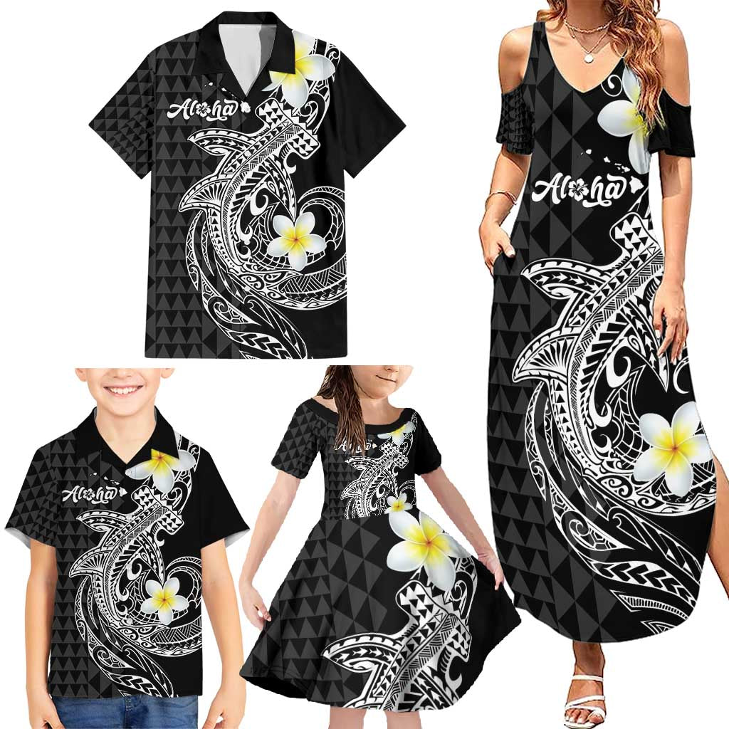 Aloha Hammerhead Shark Family Matching Summer Maxi Dress and Hawaiian Shirt Black Hawaiian Kakau Tribal Tattoo LT9 - Polynesian Pride