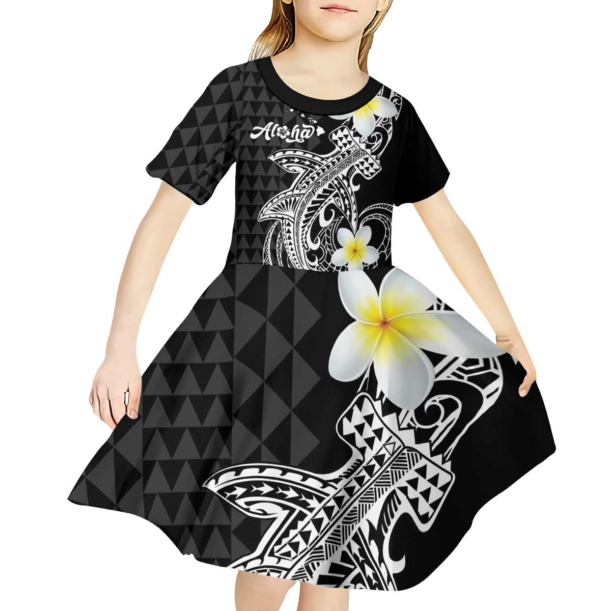 Aloha Hammerhead Shark Kid Short Sleeve Dress Black Hawaiian Kakau Tribal Tattoo LT9 - Polynesian Pride