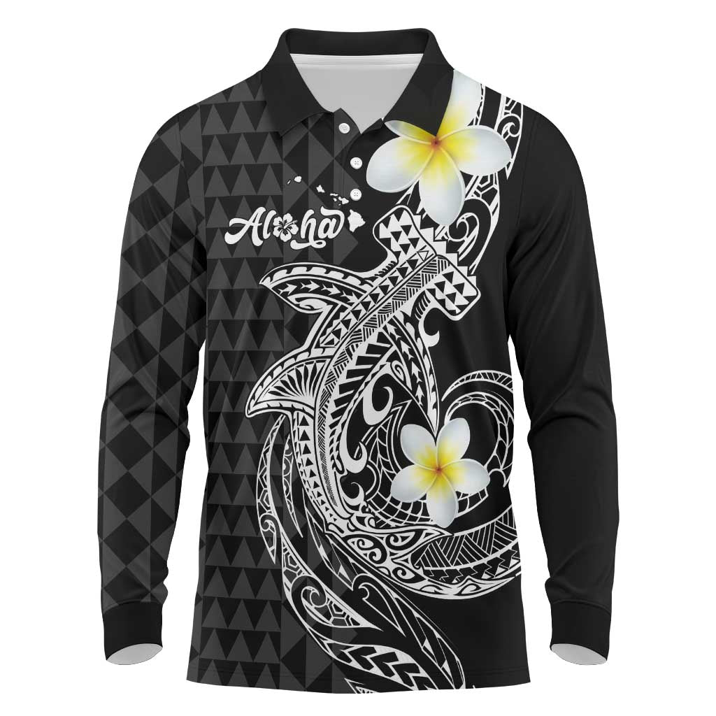 Aloha Hammerhead Shark Long Sleeve Polo Shirt Black Hawaiian Kakau Tribal Tattoo LT9 Black - Polynesian Pride