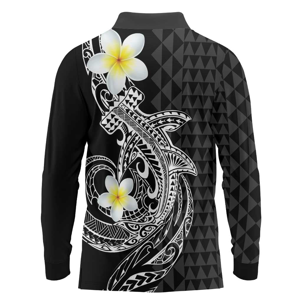 Aloha Hammerhead Shark Long Sleeve Polo Shirt Black Hawaiian Kakau Tribal Tattoo LT9 - Polynesian Pride