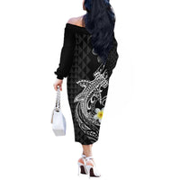 Aloha Hammerhead Shark Off The Shoulder Long Sleeve Dress Black Hawaiian Kakau Tribal Tattoo LT9 - Polynesian Pride
