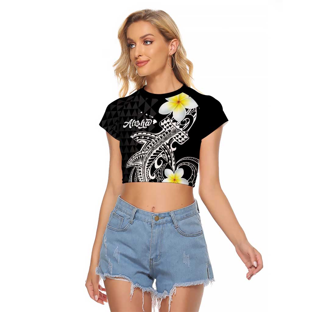Aloha Hammerhead Shark Raglan Cropped T Shirt Black Hawaiian Kakau Tribal Tattoo LT9 Female Black - Polynesian Pride