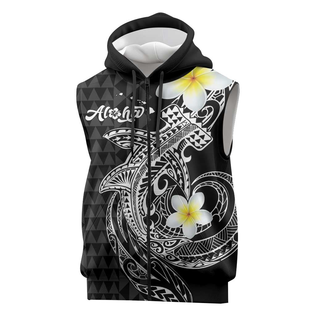 Aloha Hammerhead Shark Sleeveless Zip Hoodie Black Hawaiian Kakau Tribal Tattoo LT9 Black - Polynesian Pride