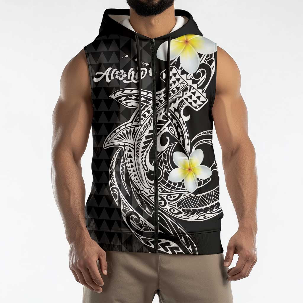 Aloha Hammerhead Shark Sleeveless Zip Hoodie Black Hawaiian Kakau Tribal Tattoo LT9 - Polynesian Pride