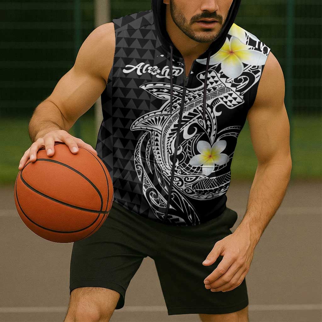 Aloha Hammerhead Shark Sleeveless Zip Hoodie Black Hawaiian Kakau Tribal Tattoo LT9 - Polynesian Pride