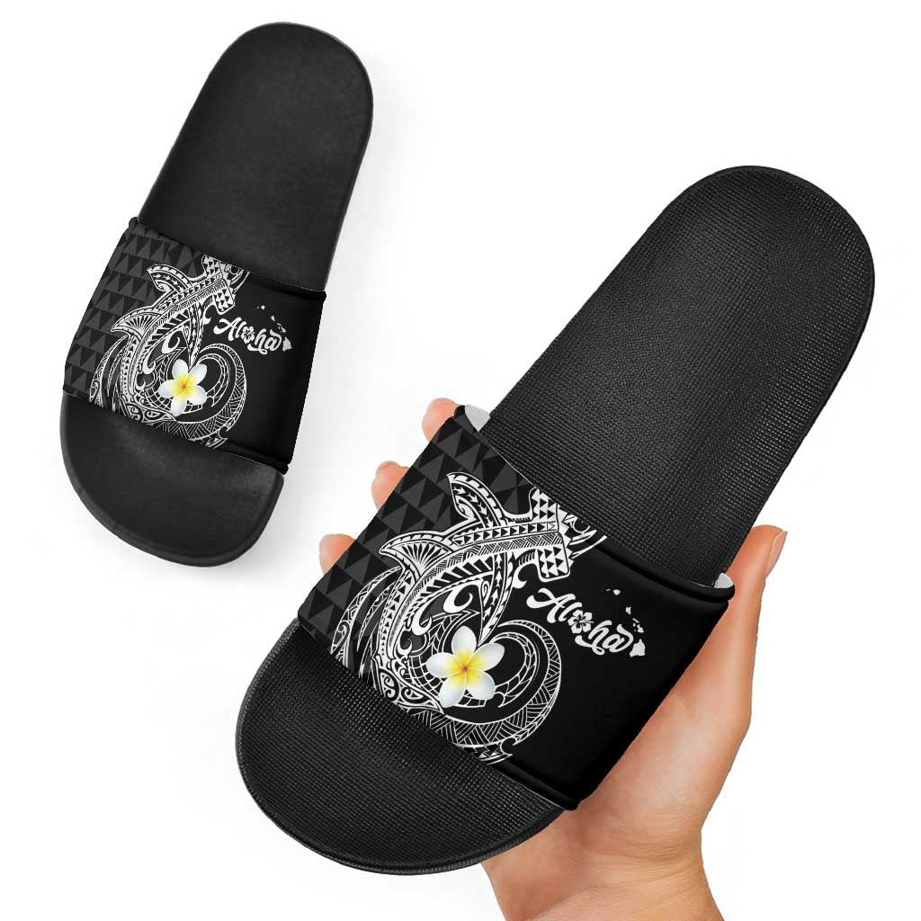 Aloha Hammerhead Shark Slide Sandals Black Hawaiian Kakau Tribal Tattoo - Polynesian Pride