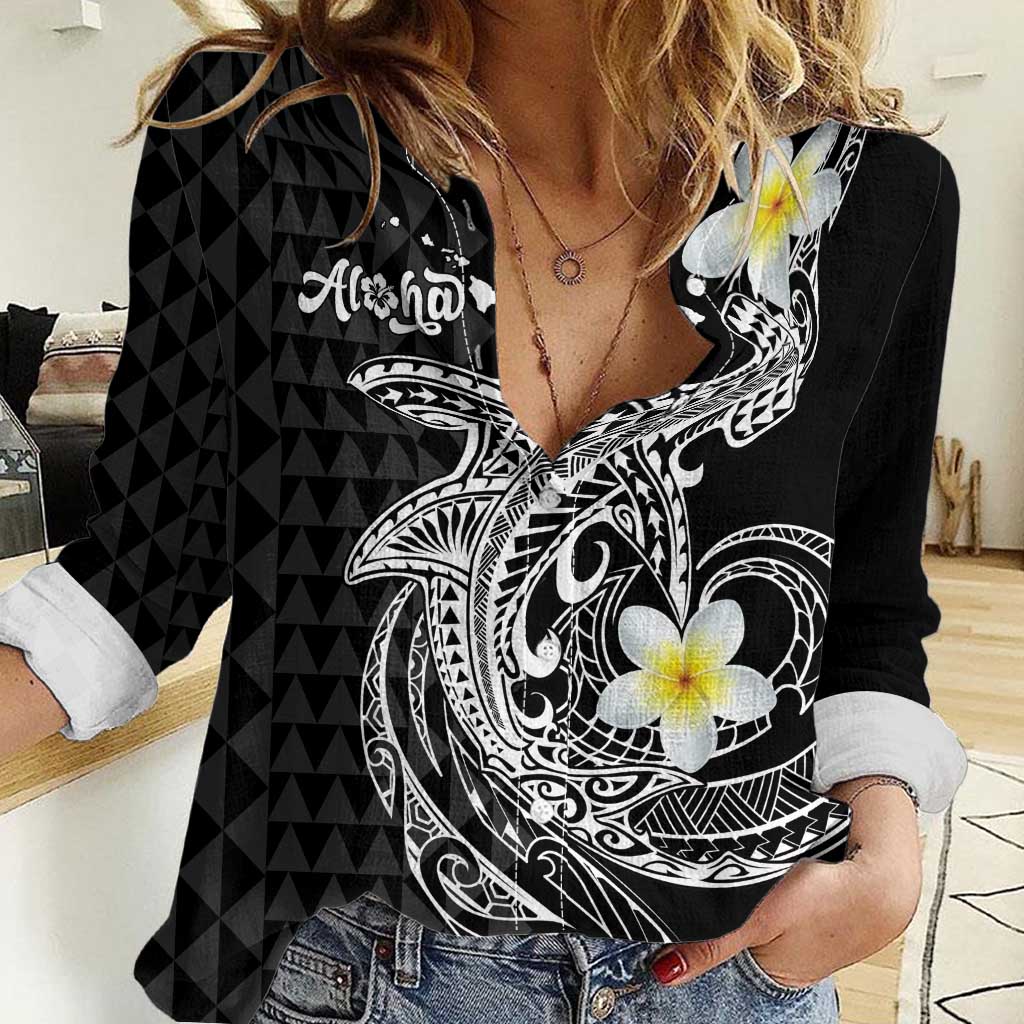 Aloha Hammerhead Shark Women Casual Shirt Black Hawaiian Kakau Tribal Tattoo LT9 Female Black - Polynesian Pride