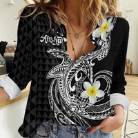 Aloha Hammerhead Shark Women Casual Shirt Black Hawaiian Kakau Tribal Tattoo LT9 Female Black - Polynesian Pride