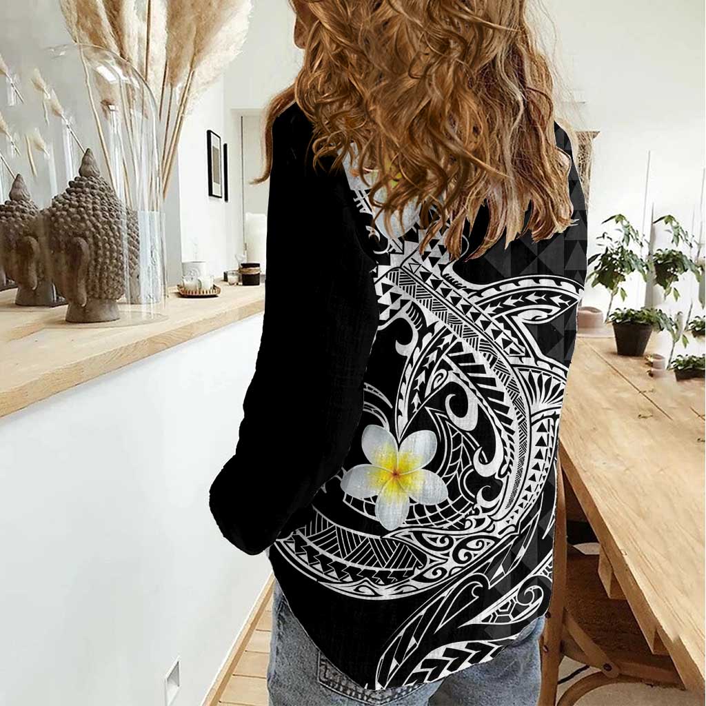Aloha Hammerhead Shark Women Casual Shirt Black Hawaiian Kakau Tribal Tattoo LT9 - Polynesian Pride