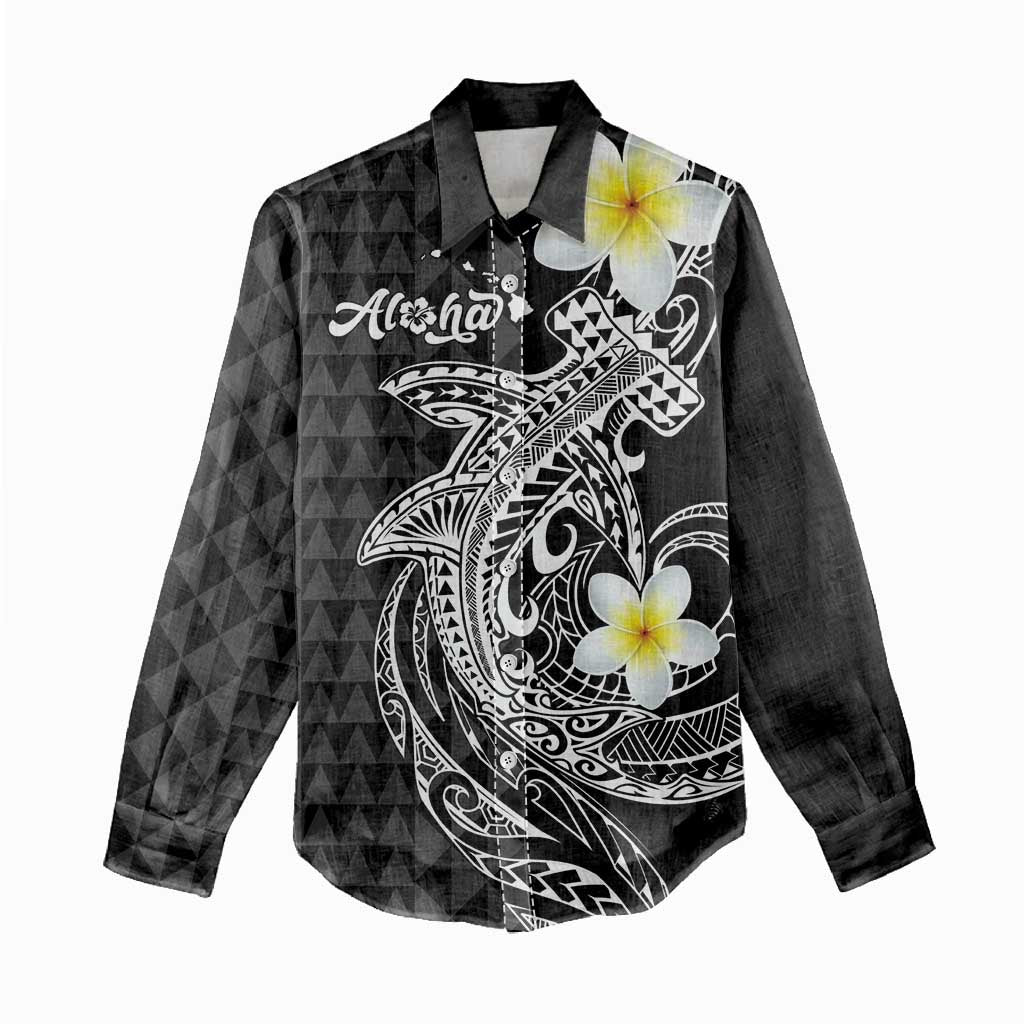 Aloha Hammerhead Shark Women Casual Shirt Black Hawaiian Kakau Tribal Tattoo LT9 - Polynesian Pride