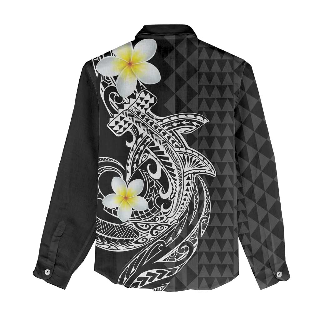 Aloha Hammerhead Shark Women Casual Shirt Black Hawaiian Kakau Tribal Tattoo LT9 - Polynesian Pride