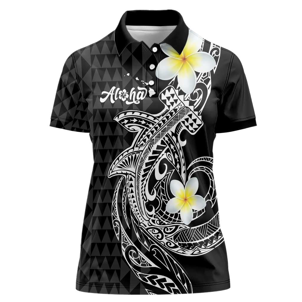 Aloha Hammerhead Shark Women Polo Shirt Black Hawaiian Kakau Tribal Tattoo LT9 Female Black - Polynesian Pride