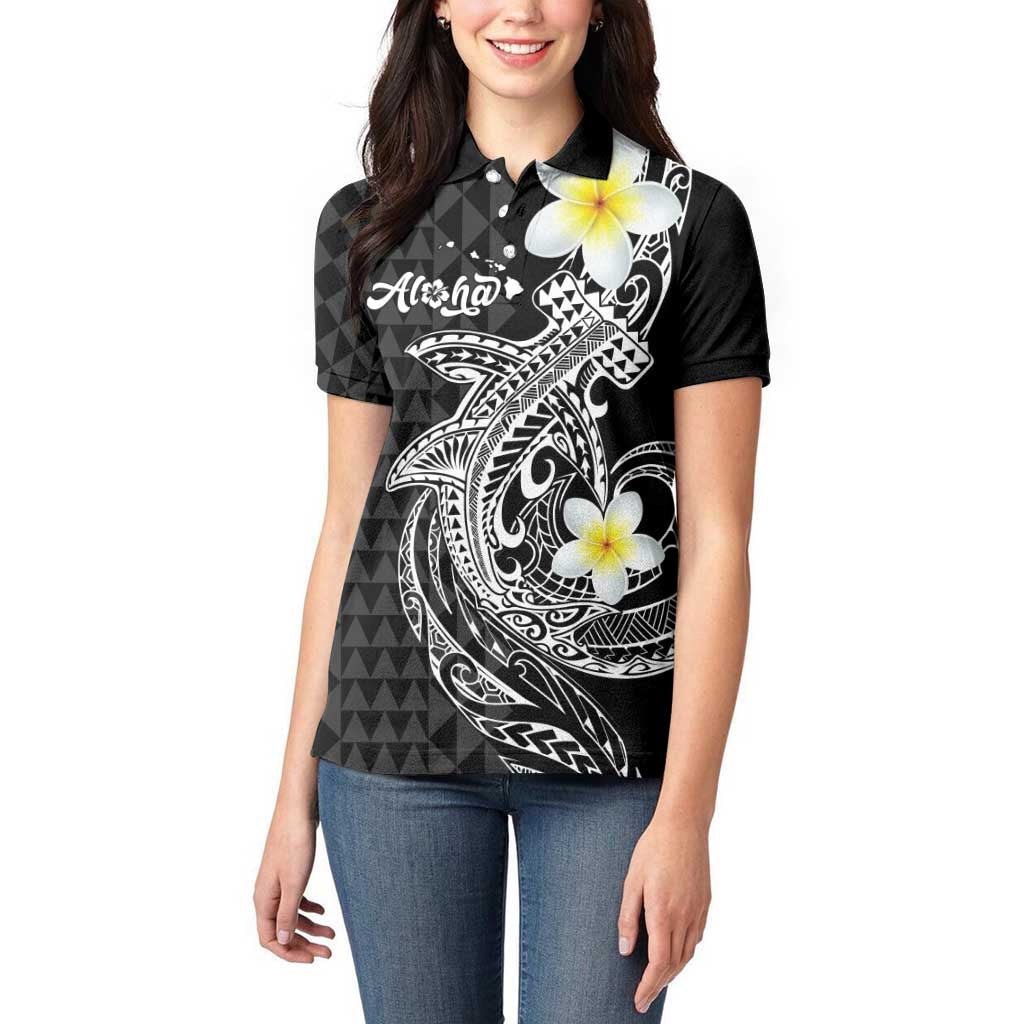 Aloha Hammerhead Shark Women Polo Shirt Black Hawaiian Kakau Tribal Tattoo LT9 - Polynesian Pride