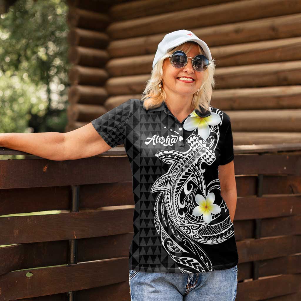 Aloha Hammerhead Shark Women Polo Shirt Black Hawaiian Kakau Tribal Tattoo LT9 - Polynesian Pride