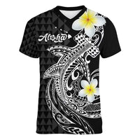 Aloha Hammerhead Shark Women V-Neck T-Shirt Black Hawaiian Kakau Tribal Tattoo LT9 Female Black - Polynesian Pride