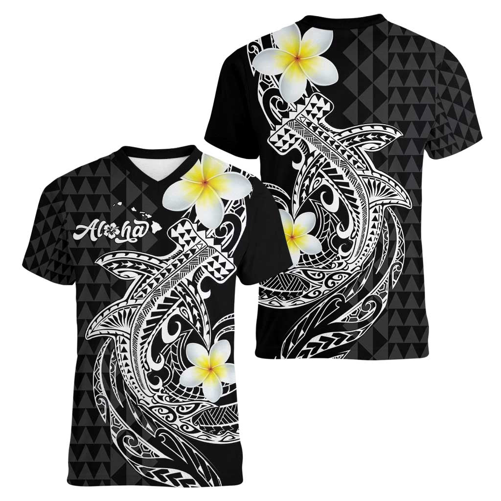 Aloha Hammerhead Shark Women V-Neck T-Shirt Black Hawaiian Kakau Tribal Tattoo LT9 - Polynesian Pride