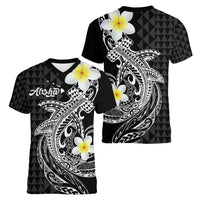 Aloha Hammerhead Shark Women V-Neck T-Shirt Black Hawaiian Kakau Tribal Tattoo LT9 - Polynesian Pride