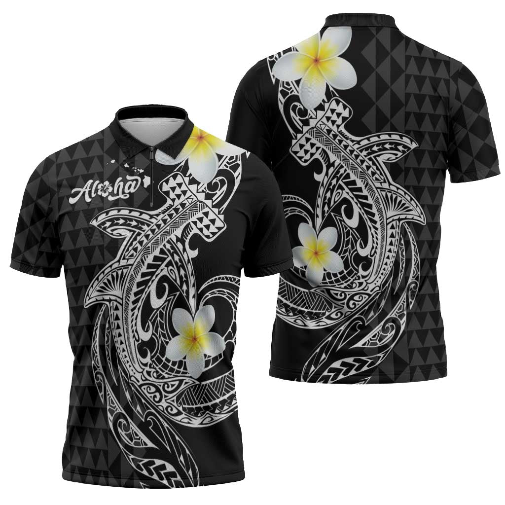 Aloha Hammerhead Shark Zipper Polo Shirt Black Hawaiian Kakau Tribal Tattoo LT9 - Polynesian Pride