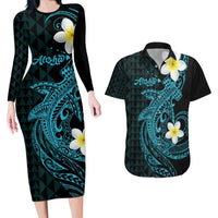 Aloha Hammerhead Shark Couples Matching Long Sleeve Bodycon Dress and Hawaiian Shirt Calypso Hawaiian Kakau Tribal Tattoo LT9 Blue - Polynesian Pride