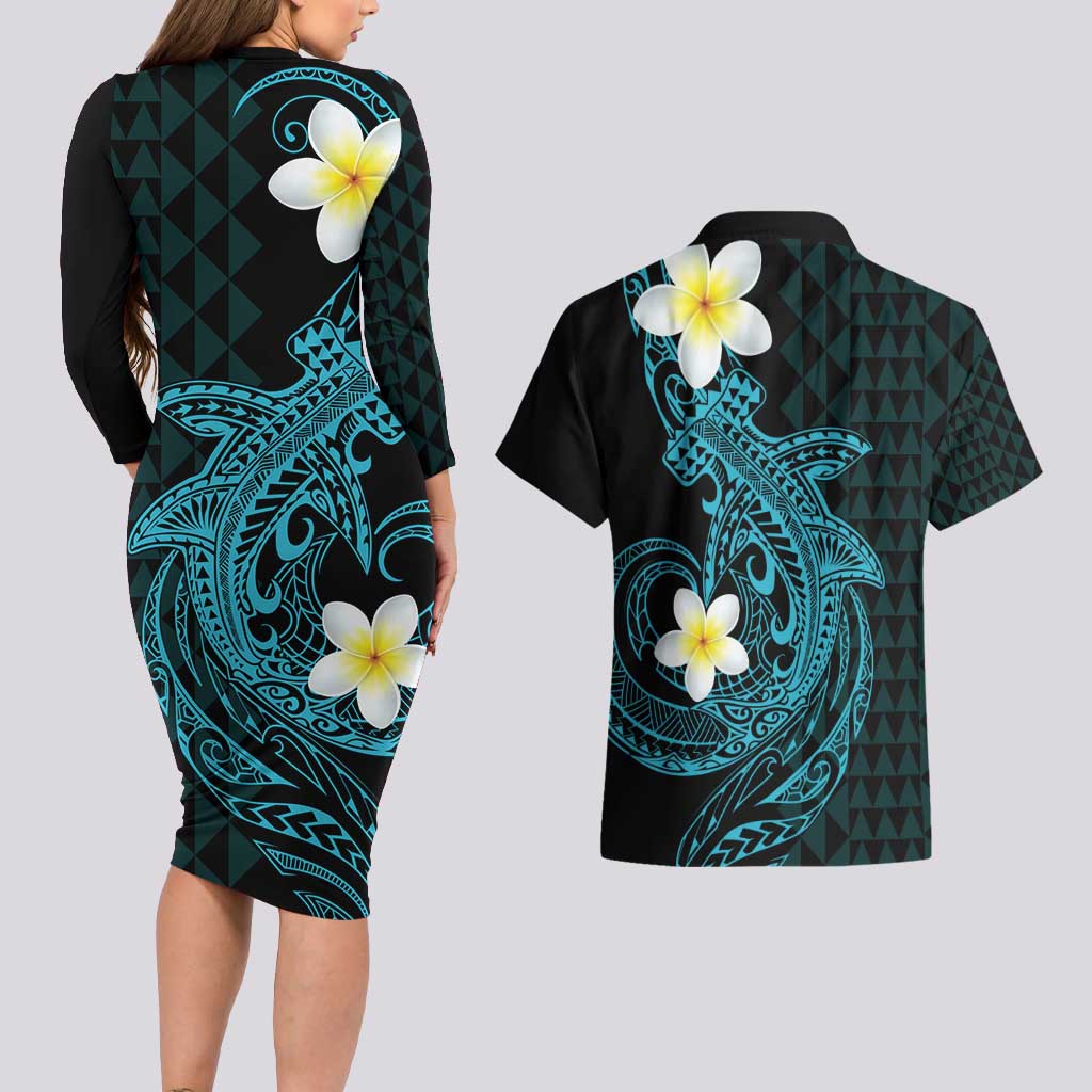 Aloha Hammerhead Shark Couples Matching Long Sleeve Bodycon Dress and Hawaiian Shirt Calypso Hawaiian Kakau Tribal Tattoo LT9 - Polynesian Pride