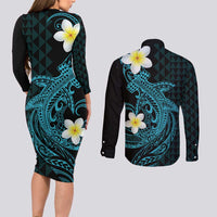 Aloha Hammerhead Shark Couples Matching Long Sleeve Bodycon Dress and Long Sleeve Button Shirt Calypso Hawaiian Kakau Tribal Tattoo LT9 - Polynesian Pride