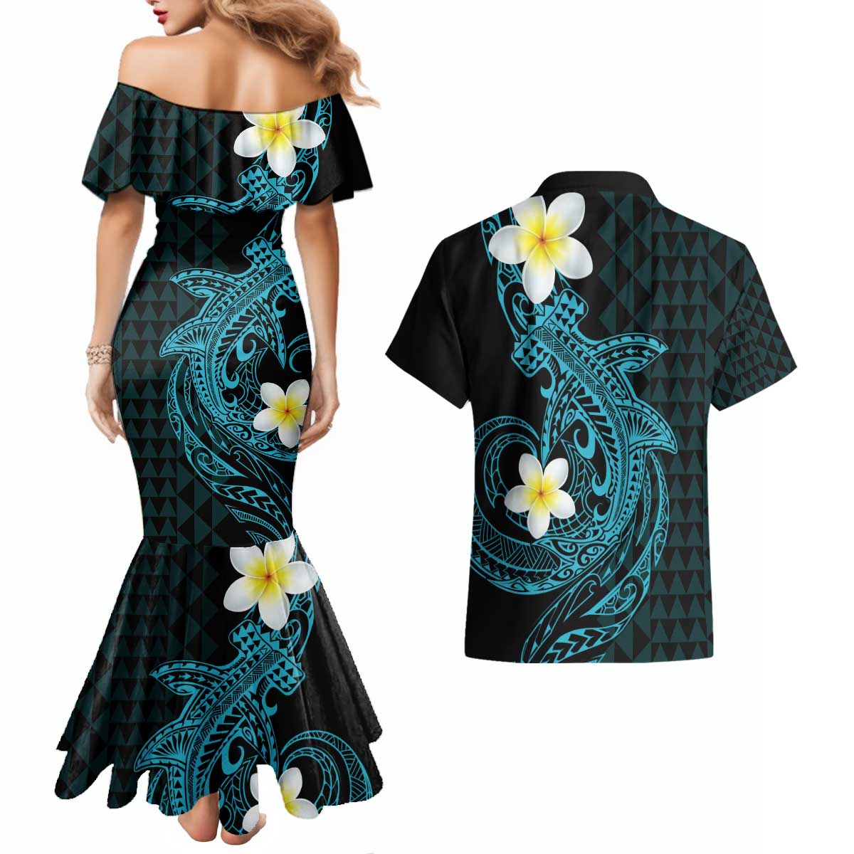 Aloha Hammerhead Shark Couples Matching Mermaid Dress and Hawaiian Shirt Calypso Hawaiian Kakau Tribal Tattoo LT9 - Polynesian Pride