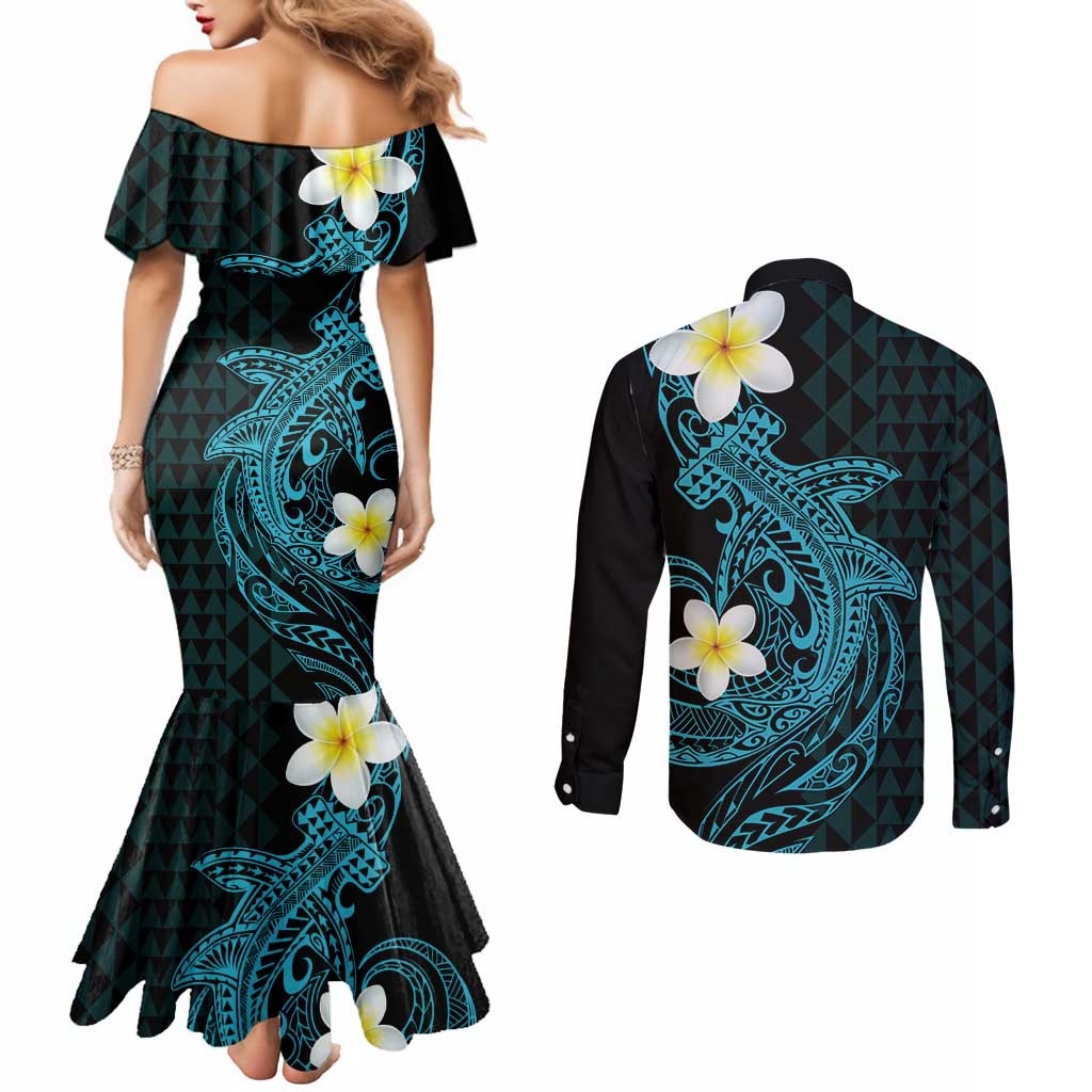 Aloha Hammerhead Shark Couples Matching Mermaid Dress and Long Sleeve Button Shirt Calypso Hawaiian Kakau Tribal Tattoo LT9 - Polynesian Pride