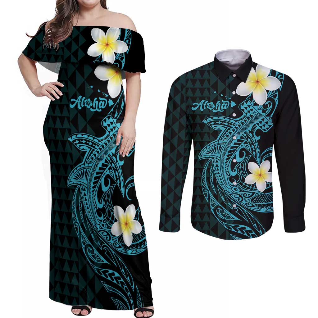 Aloha Hammerhead Shark Couples Matching Off Shoulder Maxi Dress and Long Sleeve Button Shirt Calypso Hawaiian Kakau Tribal Tattoo LT9 Blue - Polynesian Pride