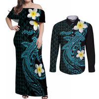 Aloha Hammerhead Shark Couples Matching Off Shoulder Maxi Dress and Long Sleeve Button Shirt Calypso Hawaiian Kakau Tribal Tattoo LT9 Blue - Polynesian Pride