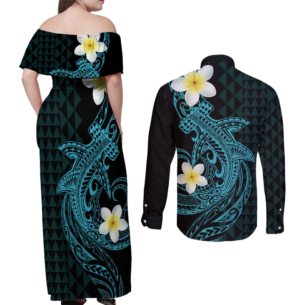Aloha Hammerhead Shark Couples Matching Off Shoulder Maxi Dress and Long Sleeve Button Shirt Calypso Hawaiian Kakau Tribal Tattoo LT9 - Polynesian Pride