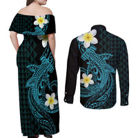 Aloha Hammerhead Shark Couples Matching Off Shoulder Maxi Dress and Long Sleeve Button Shirt Calypso Hawaiian Kakau Tribal Tattoo LT9 - Polynesian Pride