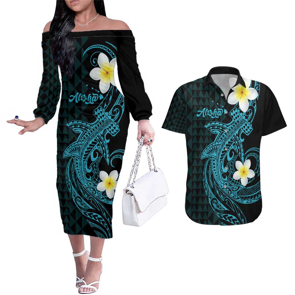 Aloha Hammerhead Shark Couples Matching Off The Shoulder Long Sleeve Dress and Hawaiian Shirt Calypso Hawaiian Kakau Tribal Tattoo LT9 Blue - Polynesian Pride
