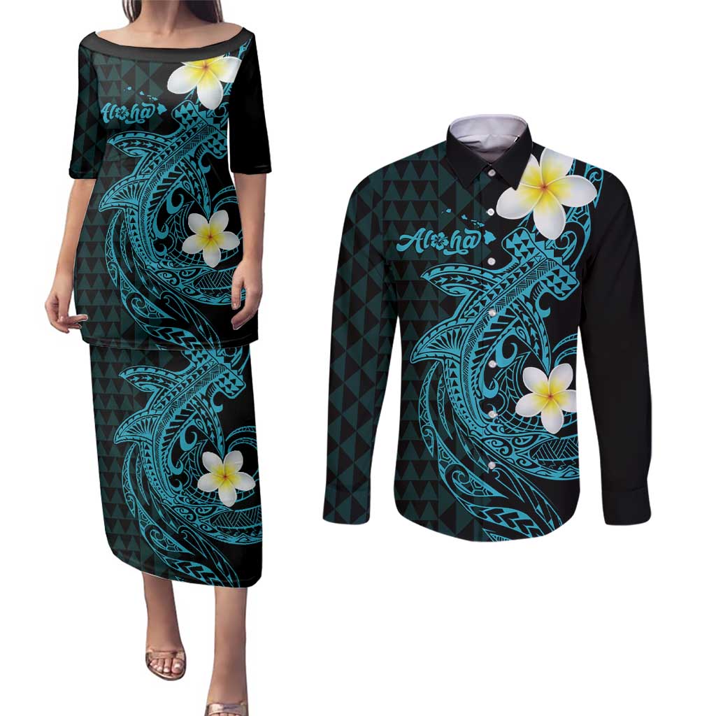 Aloha Hammerhead Shark Couples Matching Puletasi and Long Sleeve Button Shirt Calypso Hawaiian Kakau Tribal Tattoo LT9 Blue - Polynesian Pride
