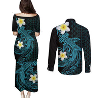 Aloha Hammerhead Shark Couples Matching Puletasi and Long Sleeve Button Shirt Calypso Hawaiian Kakau Tribal Tattoo LT9 - Polynesian Pride
