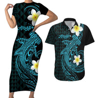 Aloha Hammerhead Shark Couples Matching Short Sleeve Bodycon Dress and Hawaiian Shirt Calypso Hawaiian Kakau Tribal Tattoo LT9 Blue - Polynesian Pride