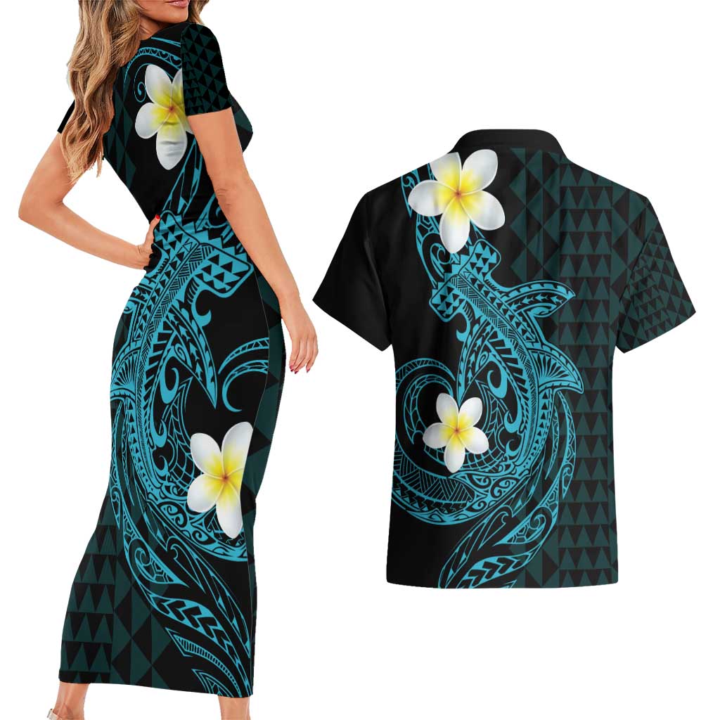 Aloha Hammerhead Shark Couples Matching Short Sleeve Bodycon Dress and Hawaiian Shirt Calypso Hawaiian Kakau Tribal Tattoo LT9 - Polynesian Pride
