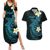 Aloha Hammerhead Shark Couples Matching Summer Maxi Dress and Hawaiian Shirt Calypso Hawaiian Kakau Tribal Tattoo LT9 Blue - Polynesian Pride