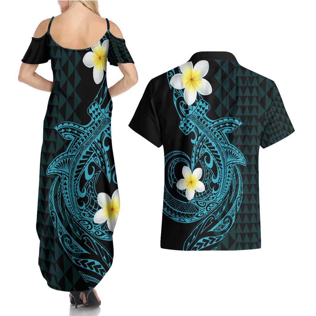 Aloha Hammerhead Shark Couples Matching Summer Maxi Dress and Hawaiian Shirt Calypso Hawaiian Kakau Tribal Tattoo LT9 - Polynesian Pride