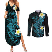 Aloha Hammerhead Shark Couples Matching Summer Maxi Dress and Long Sleeve Button Shirt Calypso Hawaiian Kakau Tribal Tattoo LT9 Blue - Polynesian Pride