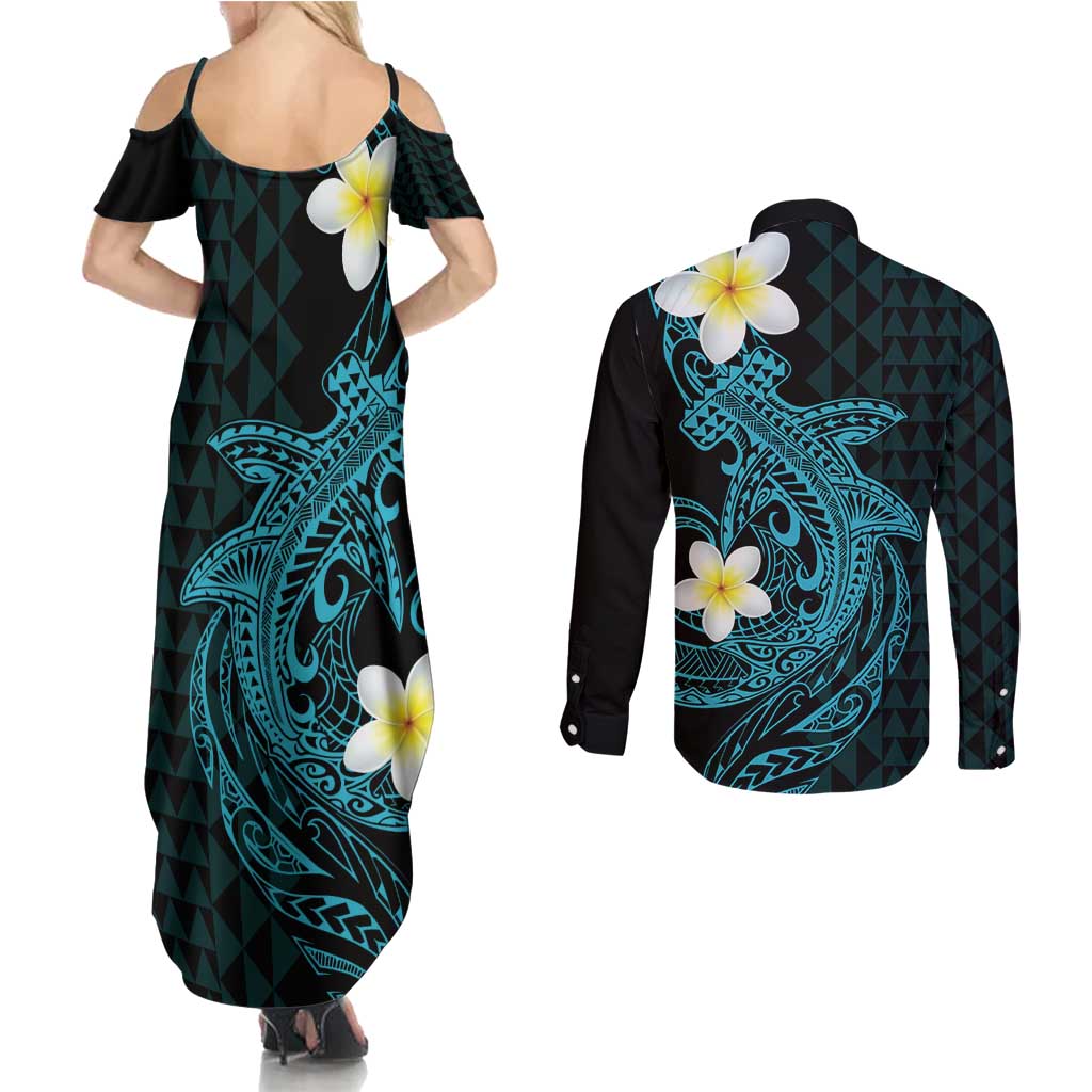 Aloha Hammerhead Shark Couples Matching Summer Maxi Dress and Long Sleeve Button Shirt Calypso Hawaiian Kakau Tribal Tattoo LT9 - Polynesian Pride
