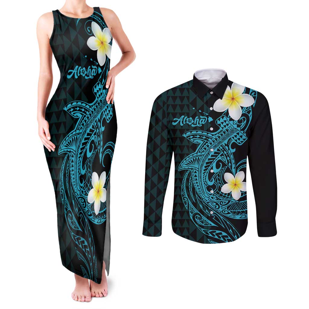 Aloha Hammerhead Shark Couples Matching Tank Maxi Dress and Long Sleeve Button Shirt Calypso Hawaiian Kakau Tribal Tattoo LT9 Blue - Polynesian Pride