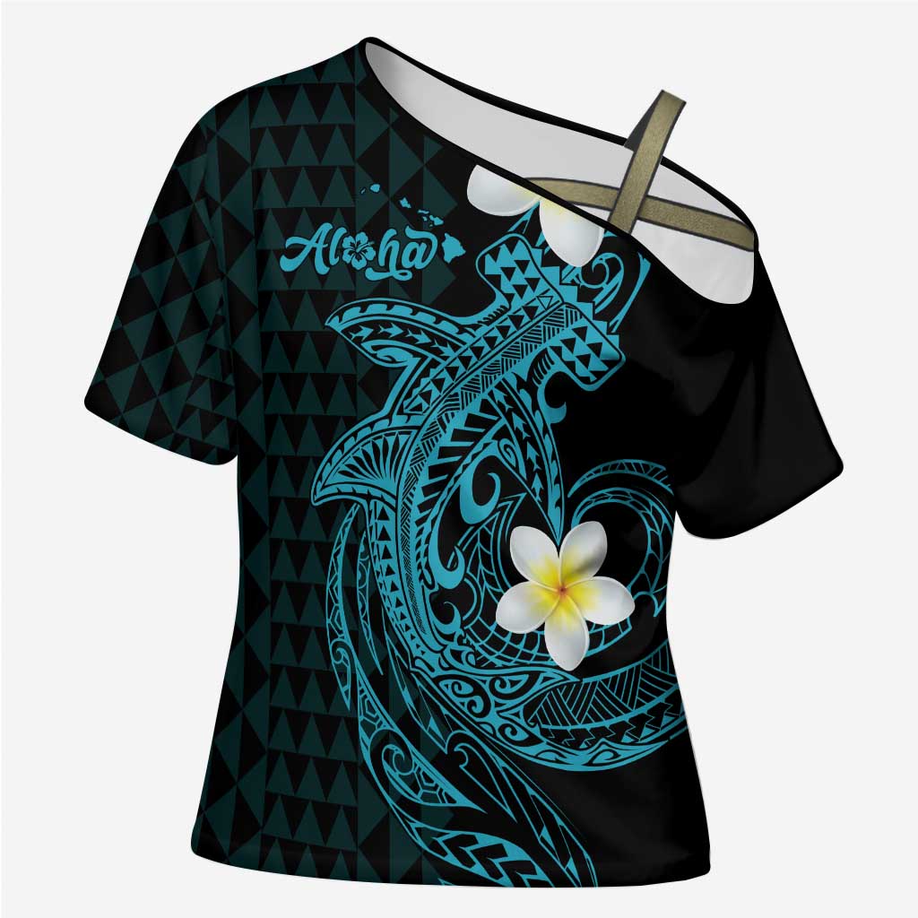 Aloha Hammerhead Shark Cross Shoulder Shirt Calypso Hawaiian Kakau Tribal Tattoo LT9 Female Blue - Polynesian Pride
