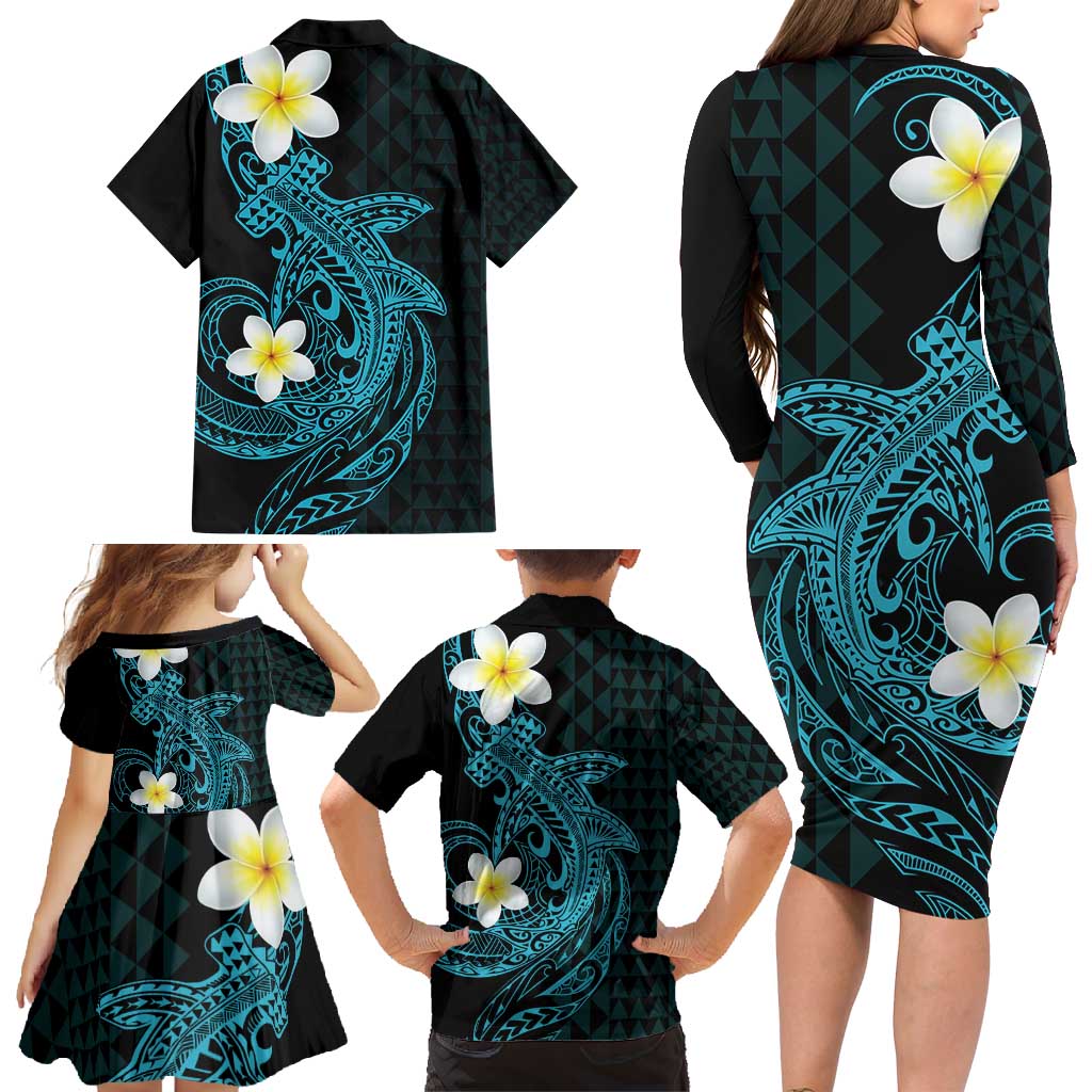 Aloha Hammerhead Shark Family Matching Long Sleeve Bodycon Dress and Hawaiian Shirt Calypso Hawaiian Kakau Tribal Tattoo LT9 - Polynesian Pride