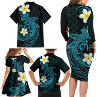 Aloha Hammerhead Shark Family Matching Long Sleeve Bodycon Dress and Hawaiian Shirt Calypso Hawaiian Kakau Tribal Tattoo LT9 - Polynesian Pride