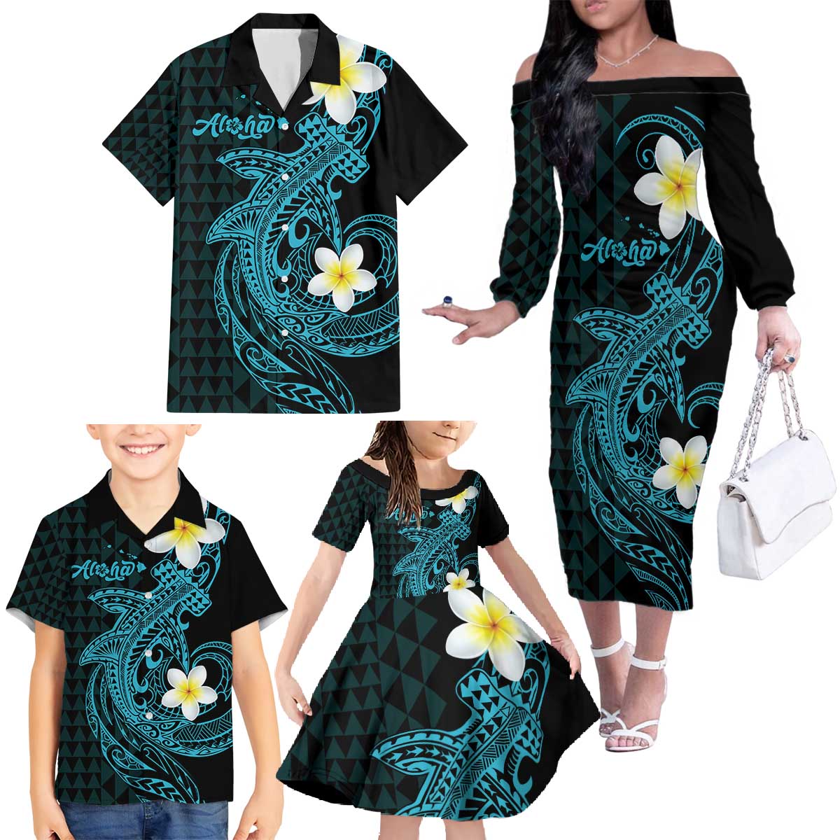 Aloha Hammerhead Shark Family Matching Off The Shoulder Long Sleeve Dress and Hawaiian Shirt Calypso Hawaiian Kakau Tribal Tattoo LT9 - Polynesian Pride