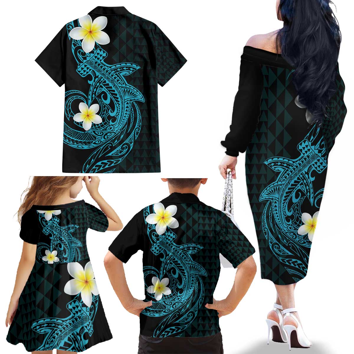 Aloha Hammerhead Shark Family Matching Off The Shoulder Long Sleeve Dress and Hawaiian Shirt Calypso Hawaiian Kakau Tribal Tattoo LT9 - Polynesian Pride