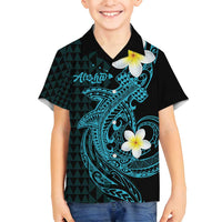 Aloha Hammerhead Shark Family Matching Off Shoulder Maxi Dress and Hawaiian Shirt Calypso Hawaiian Kakau Tribal Tattoo LT9 Son's Shirt Blue - Polynesian Pride