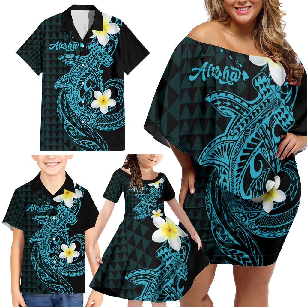 Aloha Hammerhead Shark Family Matching Off Shoulder Short Dress and Hawaiian Shirt Calypso Hawaiian Kakau Tribal Tattoo LT9 - Polynesian Pride