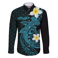 Aloha Hammerhead Shark Family Matching Off Shoulder Short Dress and Hawaiian Shirt Calypso Hawaiian Kakau Tribal Tattoo LT9 Dad's Shirt - Long Sleeve Blue - Polynesian Pride